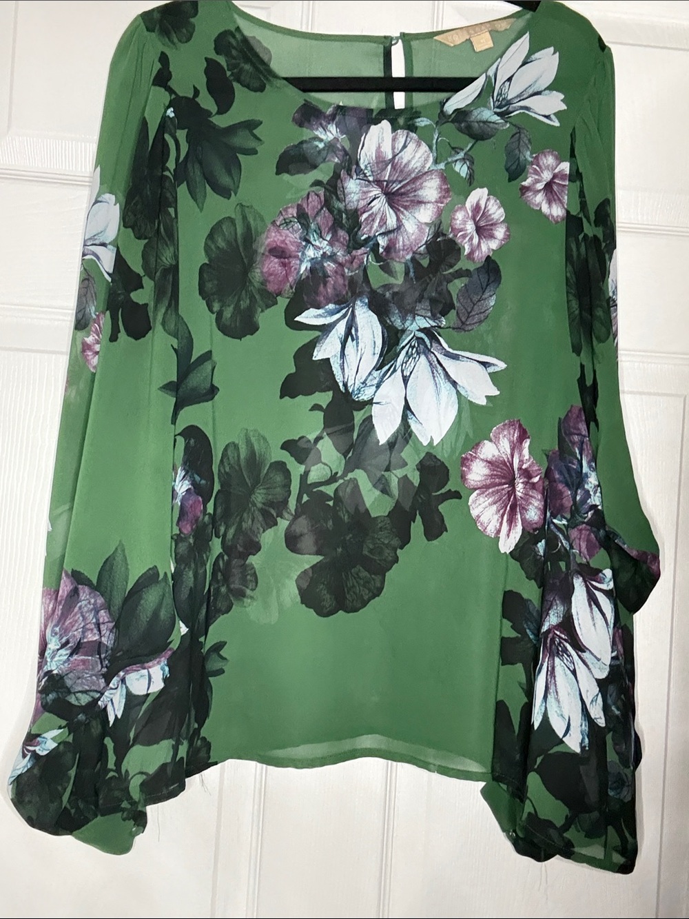 Green Floral Sheer Blouse with Long Sleeves
